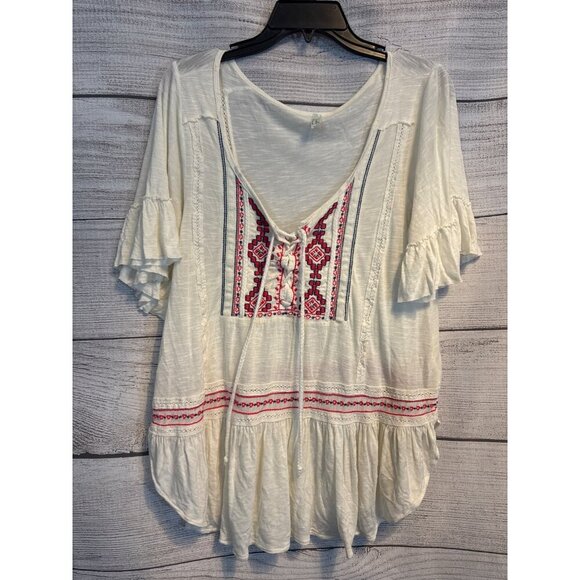 Free People Boho Peasant Top With Embroidered Front & Ruffle Sleeves Ivory Size - Picture 1 of 3